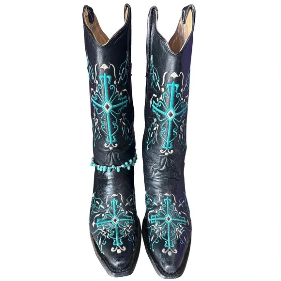 Beautiful Circle G Black Turquoise Embroidered Cross Western Boots Ladies 9M - Picture 2 of 6